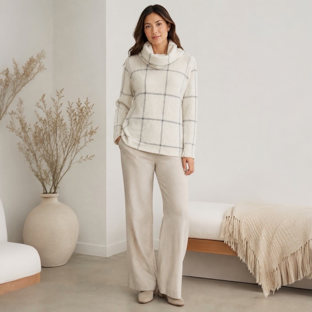 J. Jill Wearever Windowpane Removable Cowl Neck Sweater Ivory Gray NWT Size S